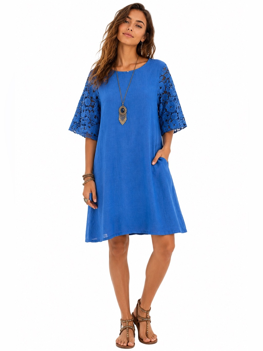 Feminine Lace Bell Sleeve Linen Mini Shift Dress Minimalist Coastal Comfort Boho